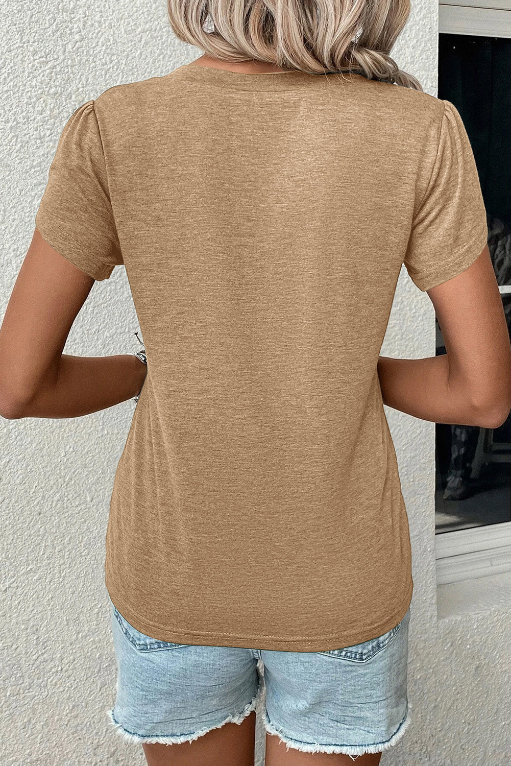 Pale Khaki Tulip Sleeve V Neck T-Shirt