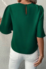 Blackish Green Solid Color Keyhole Back Puff Sleeve Blouse