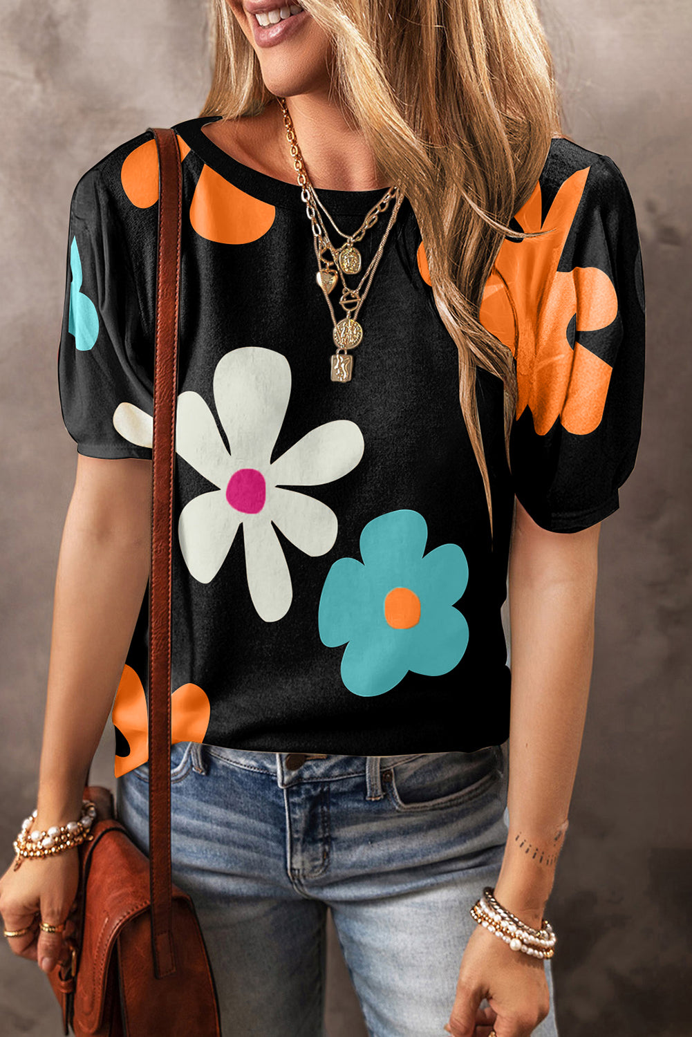 Black Colorful Flower Print Bubble Sleeve Tee