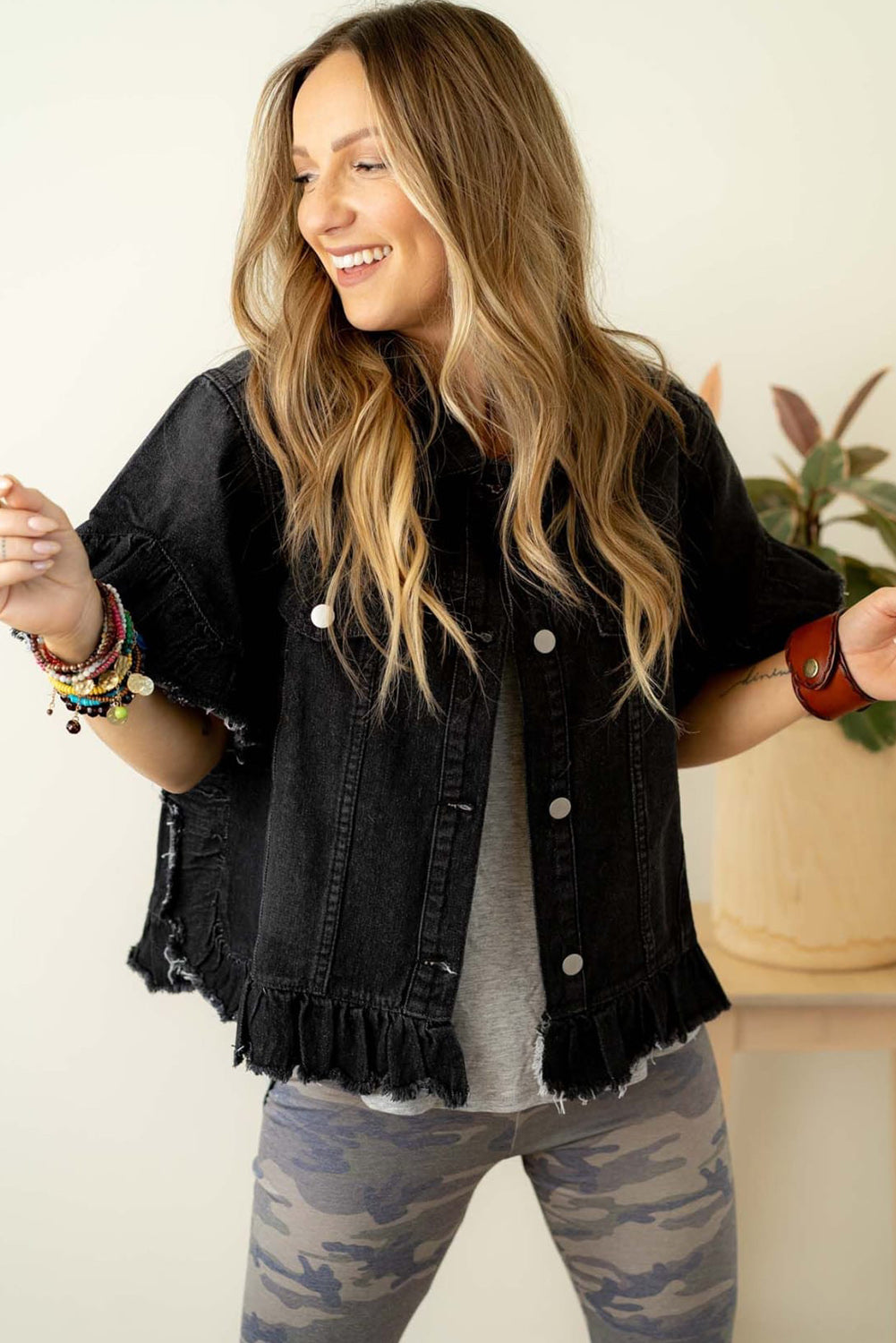 Black Raw Edge Ruffle Short Sleeve Denim Jacket