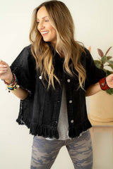 Black Raw Edge Ruffle Short Sleeve Denim Jacket