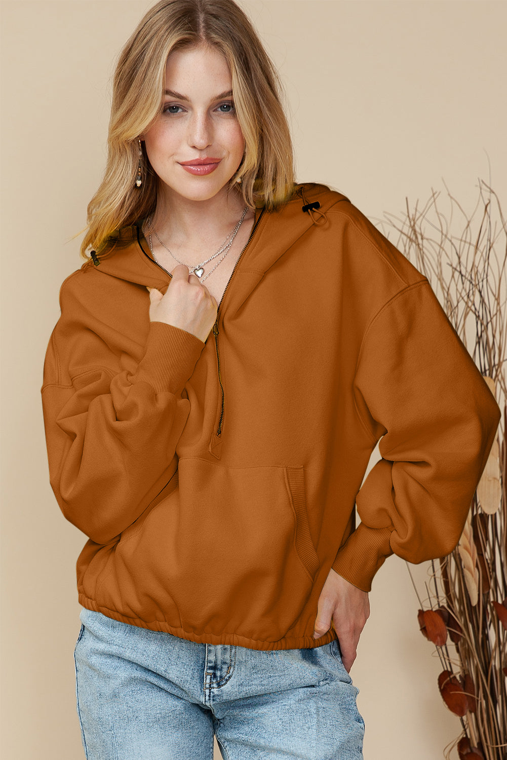 Brown Half Zip Pullover Hoodie with Kangaroo Pocket