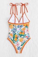 Orange Fruit Plant Print Tie Straps V Neck One Piece Swimsuit