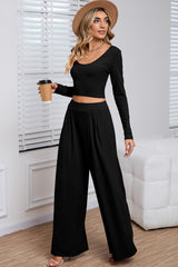 Black Plain Ribbed Crop Top & Wide Leg Pants Two Piece Pants Set