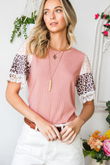 Pink Rib-Knit Leopard Lace Splicing Sleeve Patchwork Summer Top