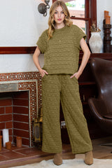 Green Quilted Short Sleeve Top and Wide Leg Pants Set