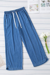 Sky Blue Drawstring Waist Loose Wide Leg Pants