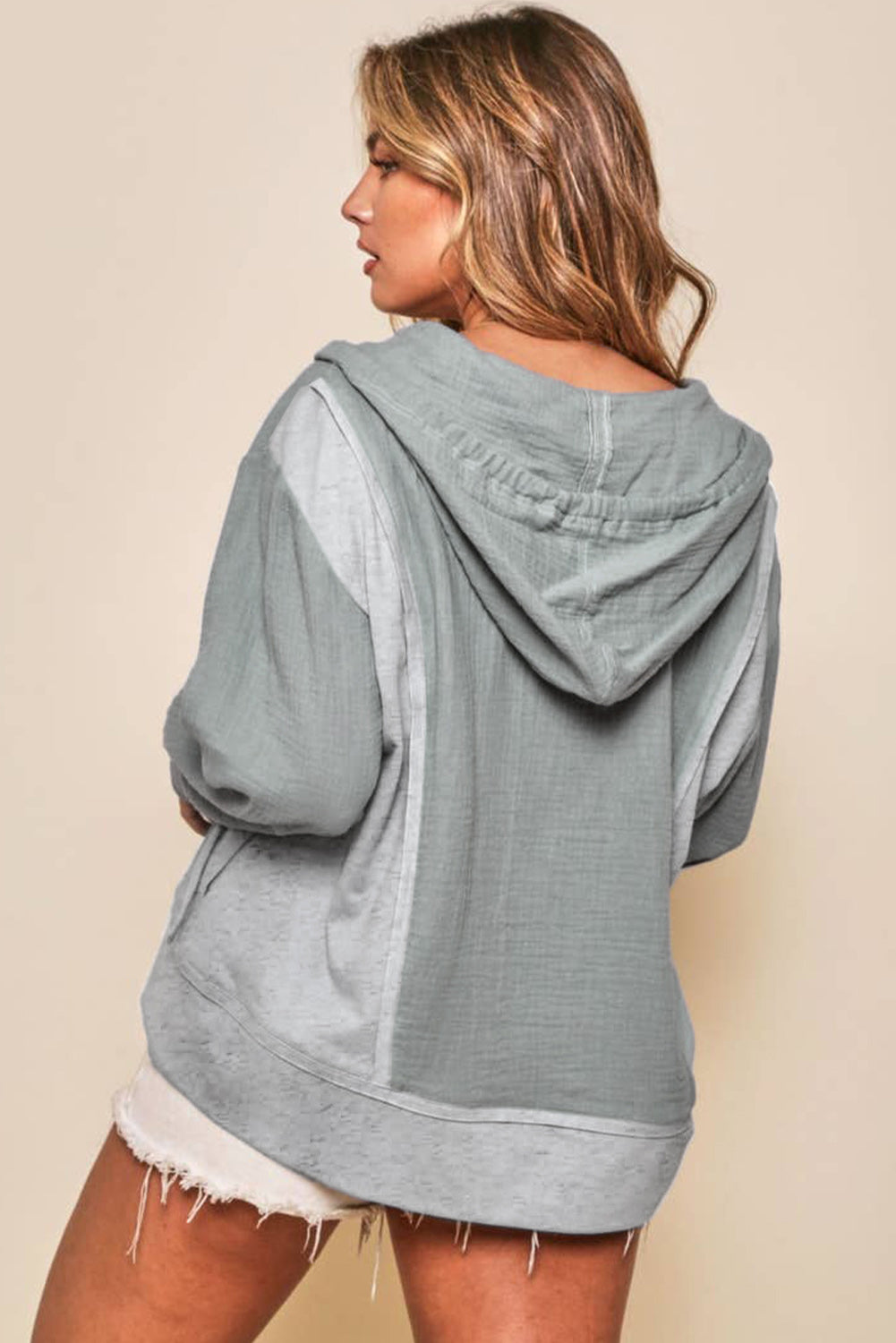 Grey Solid Color Buttoned Pullover Hoodie with Drawstring