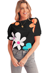 Black Colorful Flower Print Bubble Sleeve Tee