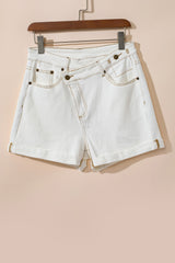 White Asymmetric High Waist Pocketed Denim Shorts