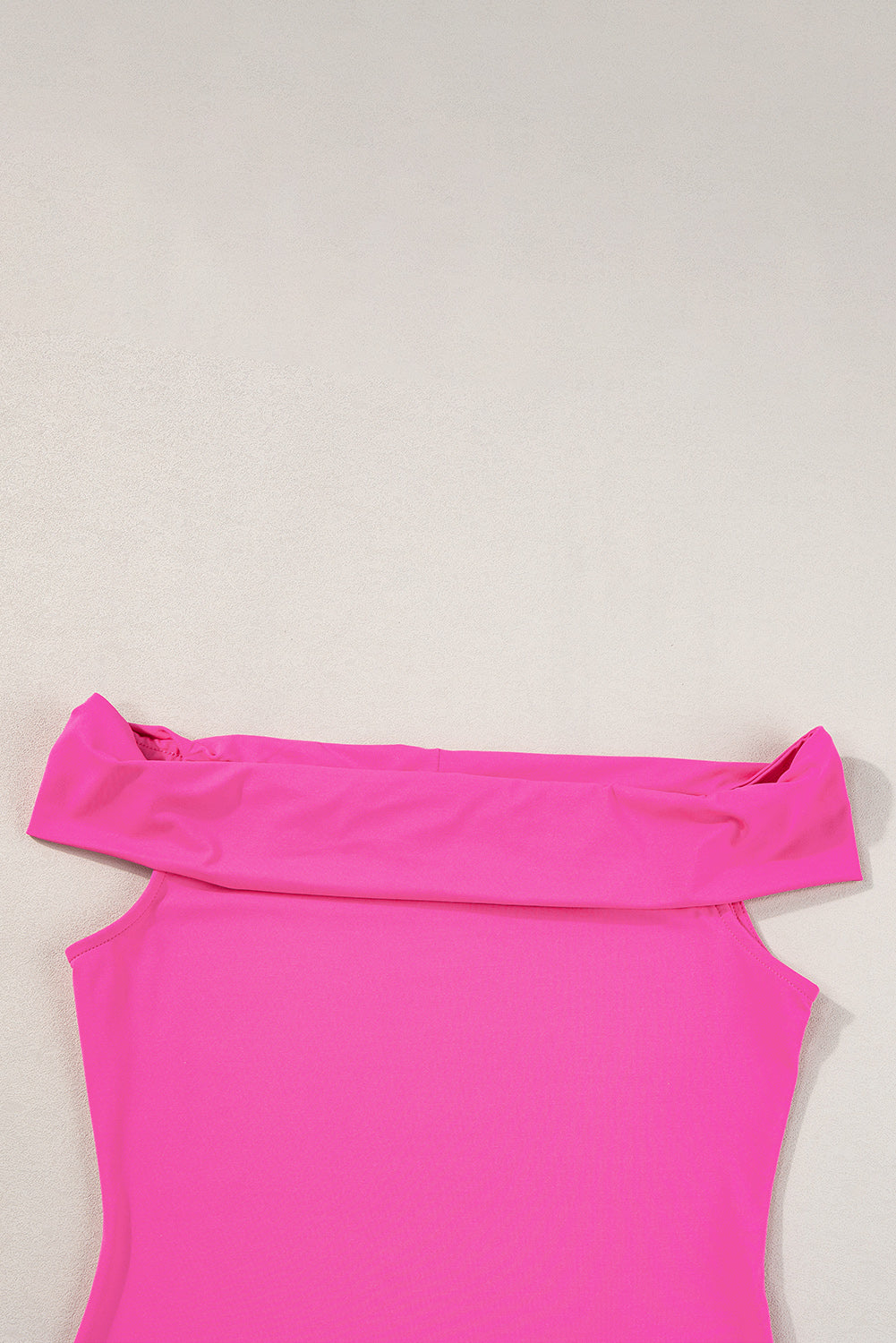 Bright Pink Solid Color Folded Off Shoulder Slim Blouse