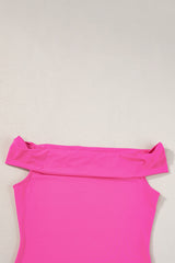 Bright Pink Solid Color Folded Off Shoulder Slim Blouse