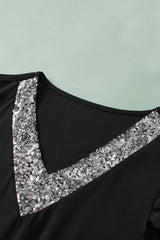 Black Sequin Splicing V Neck Flutter Sleeve Blouse