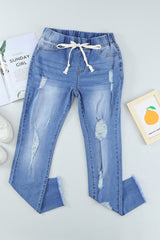 Light Blue Drawstring Elastic Waist Jeans With Hole