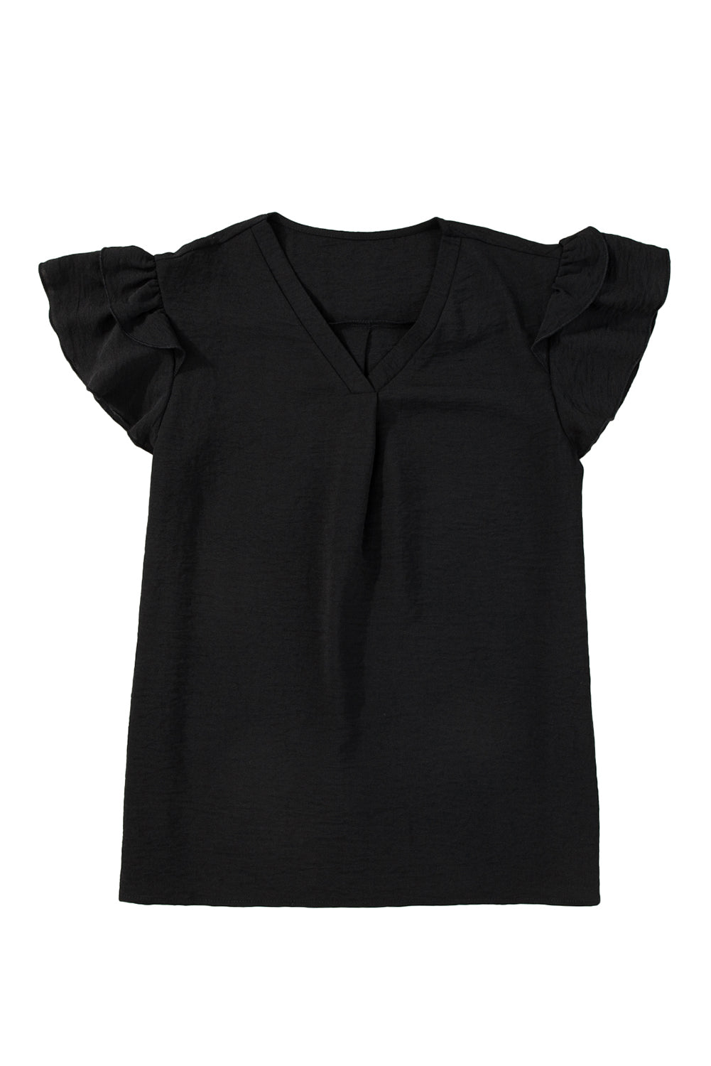 Black Solid Color V Neck Ruffle Short Sleeve Blouse