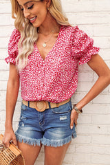 Pink Abstract Print Casual V Neck Ruffle Sleeve Blouse