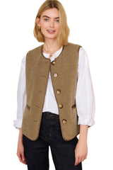 Camel Fleece Leather Patchwork Side Pockets Button Up Vest