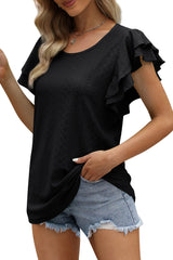 Black Eyelet Textured Ruffle Sleeve Short Sleeve Blouse