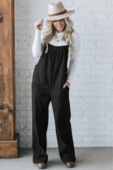 Black Plain Pocketed Loose Fit Corduroy Overalls