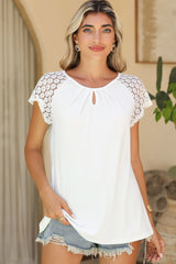 White Contrast Lace Sleeve Keyhole Neck Pleated T Shirt