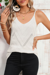 White Chevron Pointelle Knit V Neck Cami Top