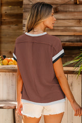 Coffee Ribbed Colorblock Round Neck T Shirt