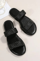 Black Braided Double Band Leather Flat Slides Shoes