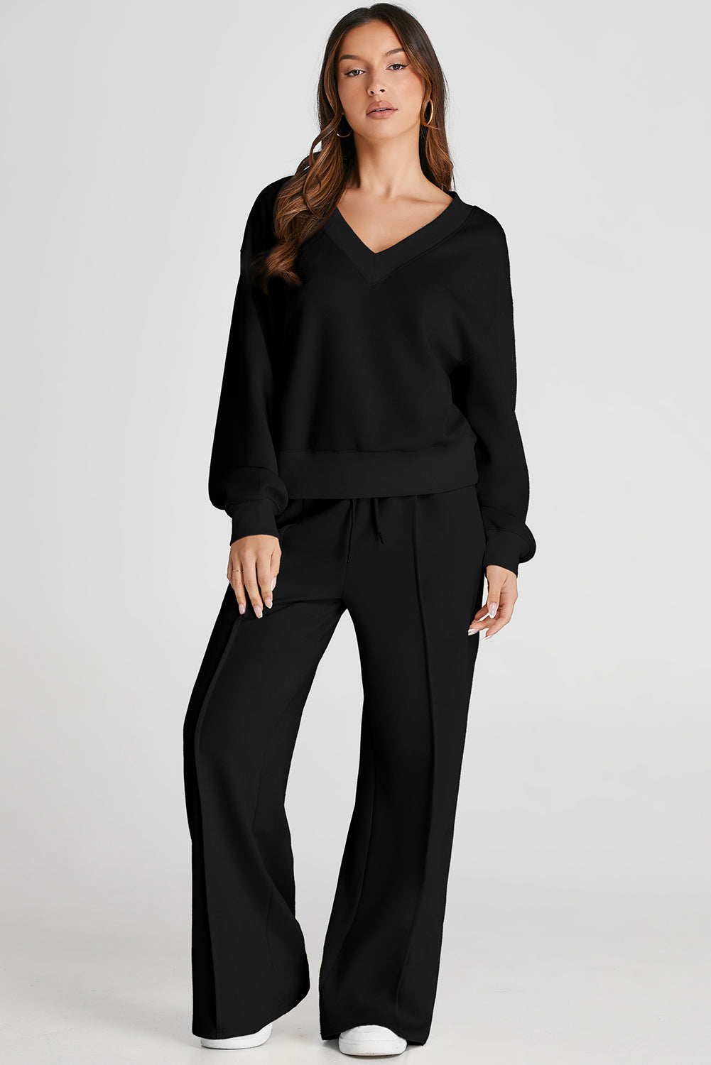 Black V Neck Cropped Sweatshirt & Seamed High Waist Pants Set