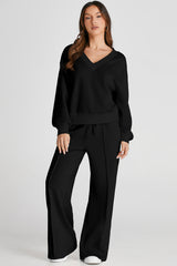 Black V Neck Cropped Sweatshirt & Seamed High Waist Pants Set