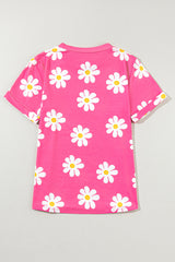 Pink Daisy Print Crewneck T Shirt