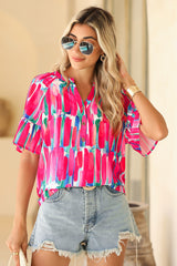 Rose Abstract Brushwork Print Buttoned V Neck Blouse