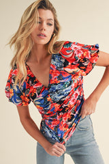 Orange Floral Print Ruched Puff Sleeve V Neck Blouse