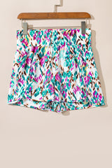 Light Blue Abstract Print Smocked High Waisted Athletic Shorts