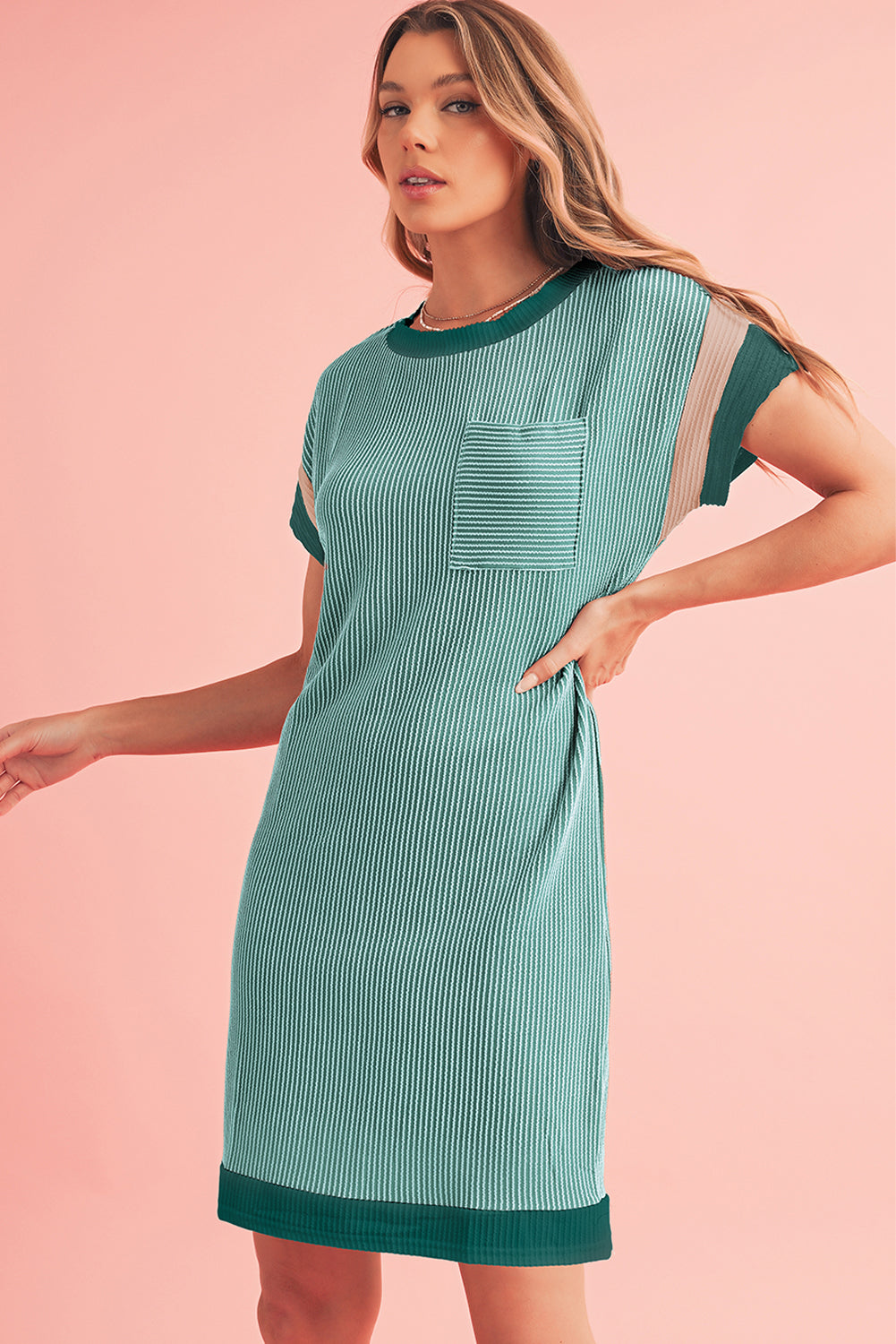 Moonlight Jade Ribbed Colorblock Patched Pocket T Shirt Dress