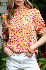 Orange Floral Boho Frill Mock Neck Blouse