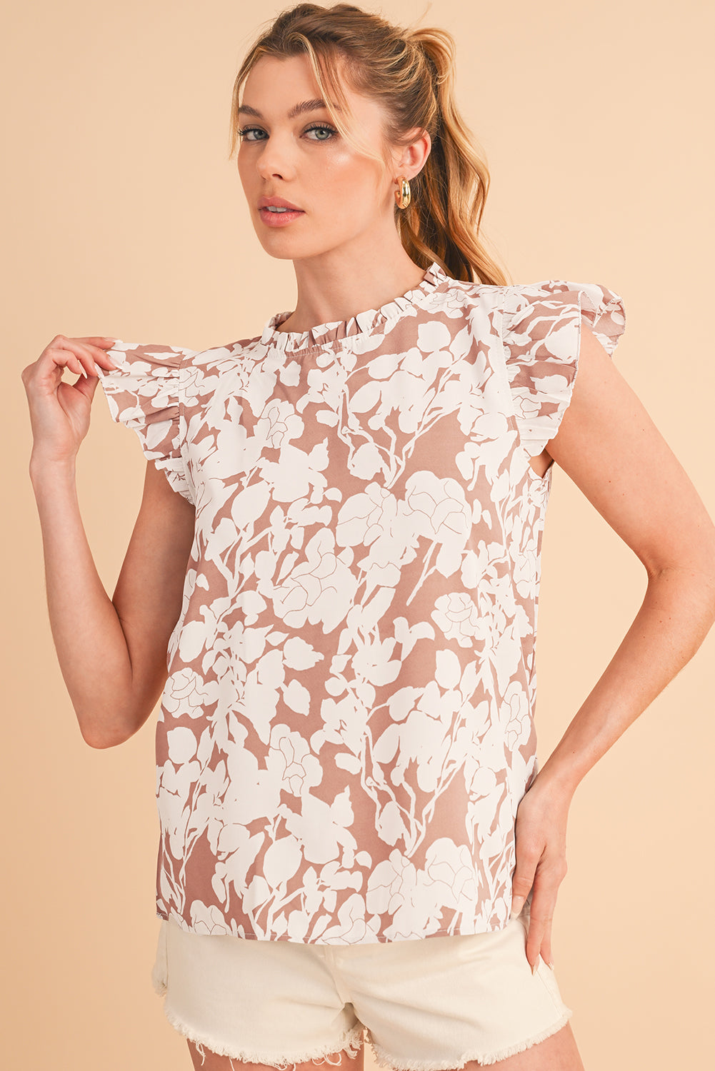 Khaki Floral Print Ruffle Short Sleeve Blouse