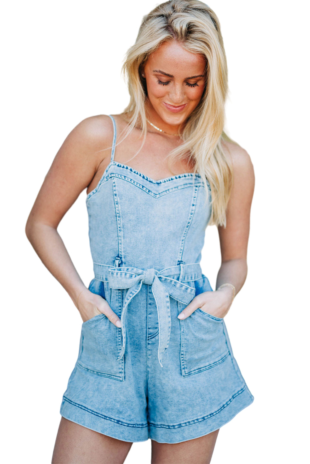 Beau Blue Spaghetti Straps Belted Denim Romper