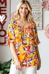 Yellow Floral Print Boho Half Sleeve Bishop Sleeve Blouse