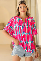 Rose Abstract Brushwork Print Buttoned V Neck Blouse