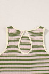 Green Stripe Print Cutout Ribbed Knit Tank Top