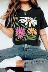 Black Casual Retro Floral Graphic Crew Neck T Shirt