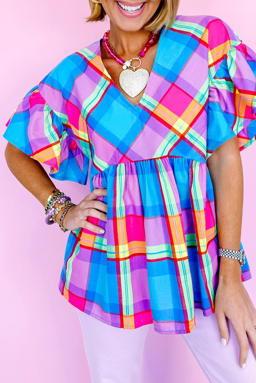 Sky Blue Colorful Plaid V Neck Ruffled Babydoll Blouse