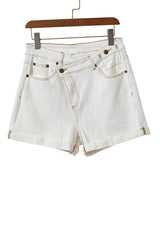 White Asymmetric High Waist Pocketed Denim Shorts