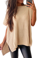 Wholesale Apricot Side Slit Short Sleeve Oversized Sweater