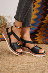 Black Leather Crossed Strap Metal Decor Wedge Sandals