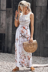 White Boho Stripes & Floral Print Floor Length Tank Dress