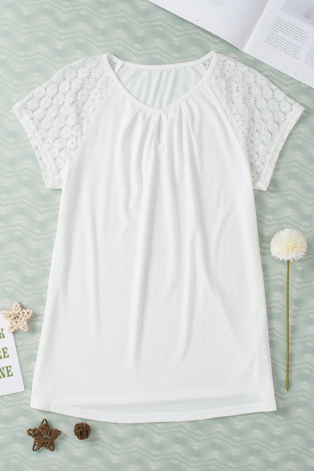 White Contrast Lace Sleeve Keyhole Neck Pleated T Shirt