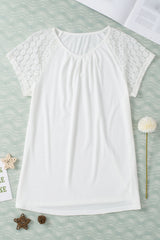 White Contrast Lace Sleeve Keyhole Neck Pleated T Shirt