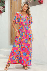 Rose Boho Abstract Print V Neck Short Sleeve Maxi Wrap Dress