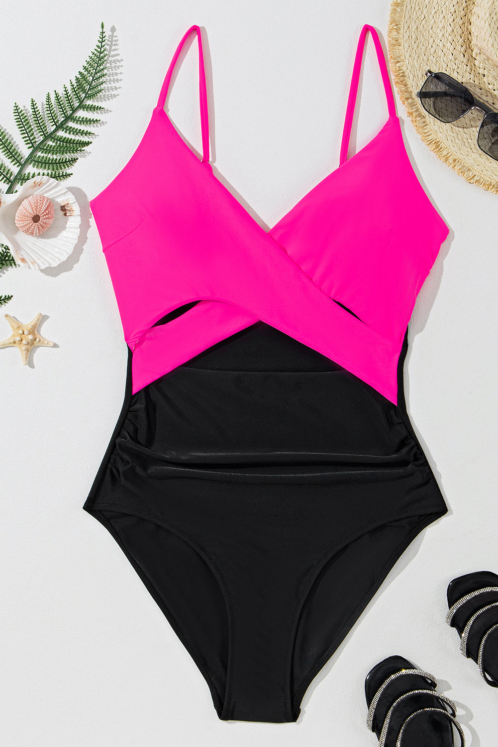 Rose Red Two-tone Colorblock Cutout One Piece Swimsuit